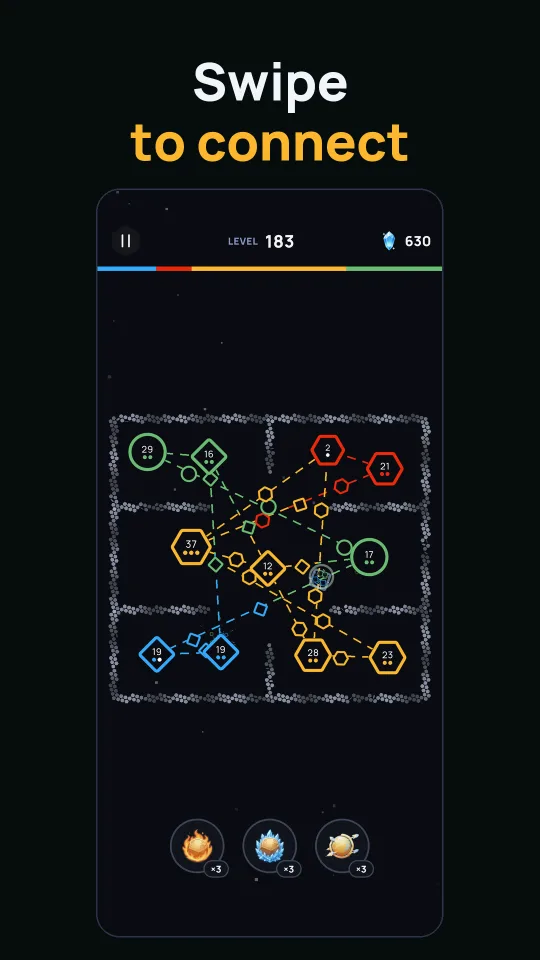 Swipe to connect — links drawn between planets across a walled board