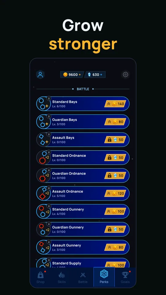 Grow stronger — the perks list with permanent upgrades